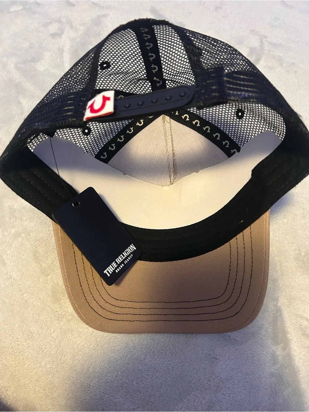 True Religion Tan and Black Mesh Logo Trucker Cap
